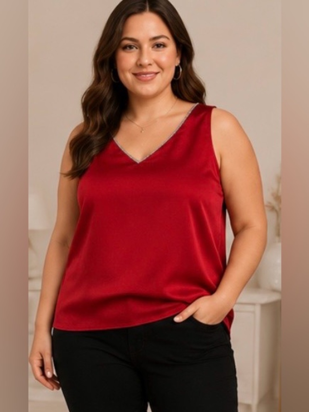 Vince Camuto Hammered Satin V-Neck Rhinestone Trim Tank Red 1X
